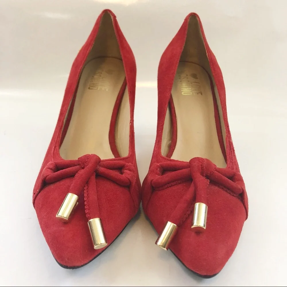 Love Moschino Red Suede Leather Heart Stiletto Heels Pumps